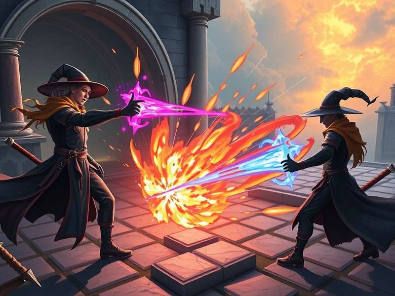 Warlock Dominion Battle gameplay screenshot showing a magical battle between warlocks